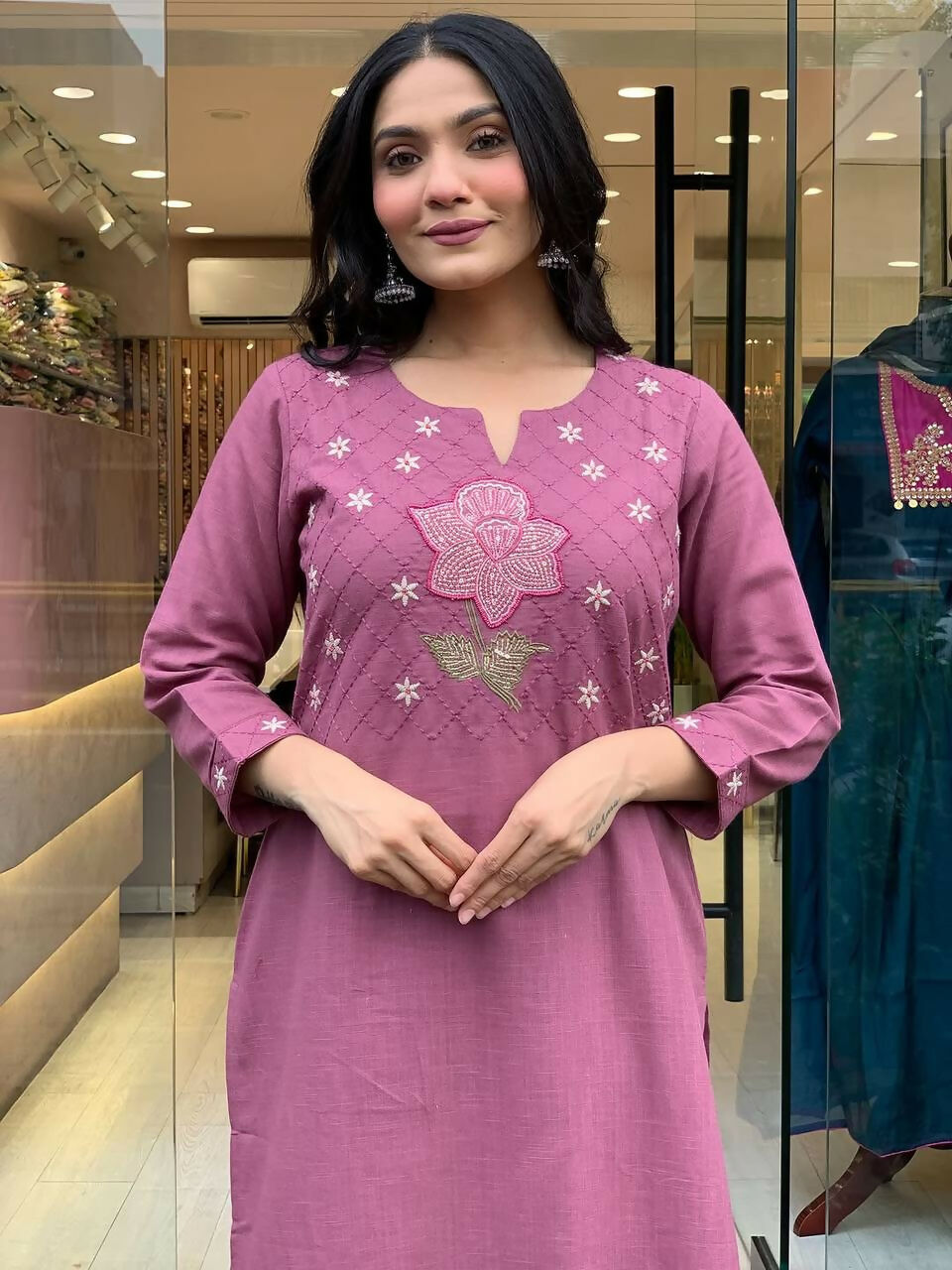 The52 Peach Women's Gorgeous Embroidered Cotton Fabric Straight Kurta Pant with Dupatta Set - Distacart