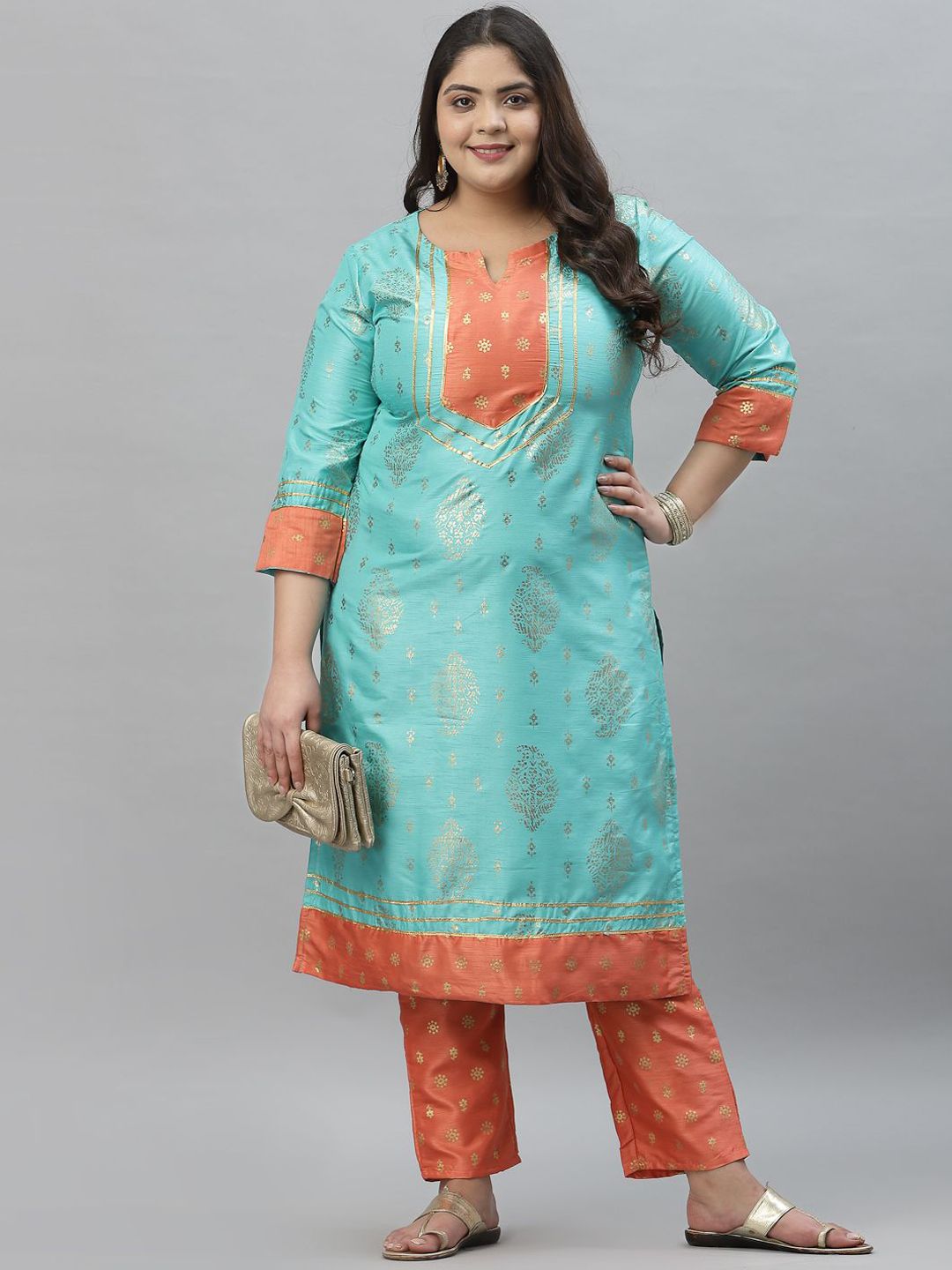 Sztori Plus Size Floral Foil Printed Gotta Patti Straight Kurta With Trouser - Distacart