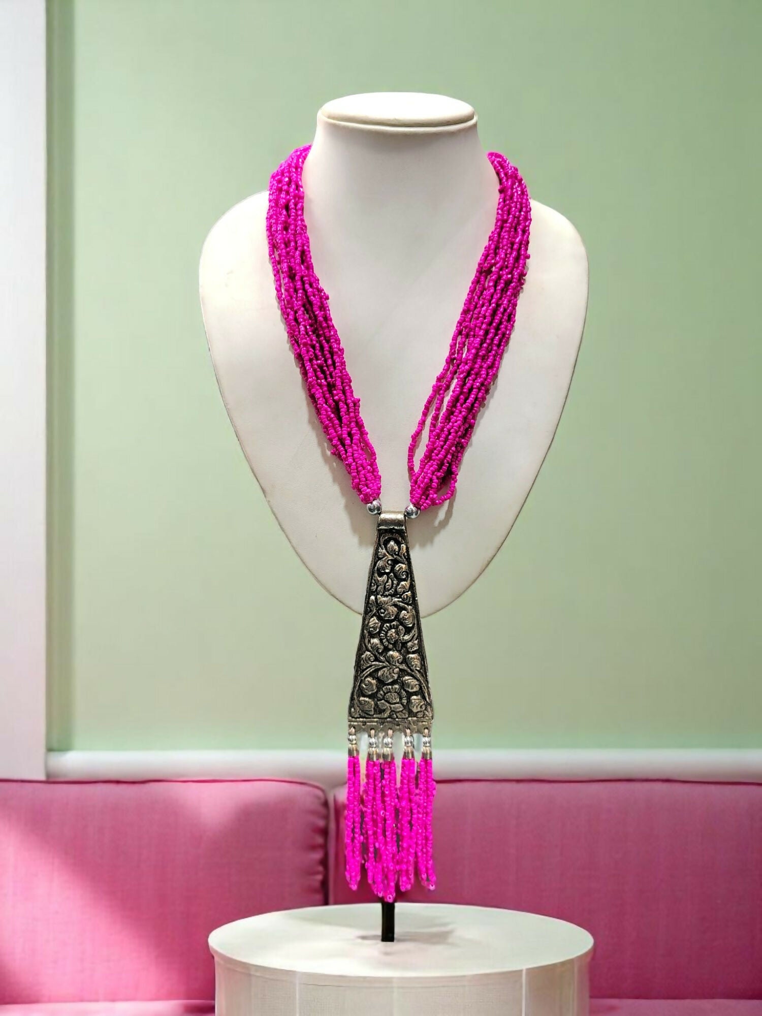 Inhanns Day-To-Dinner Tie Shaped Oxidized Black Metal Multi-Layered Long Only Necklace - Hot Pink - Distacart