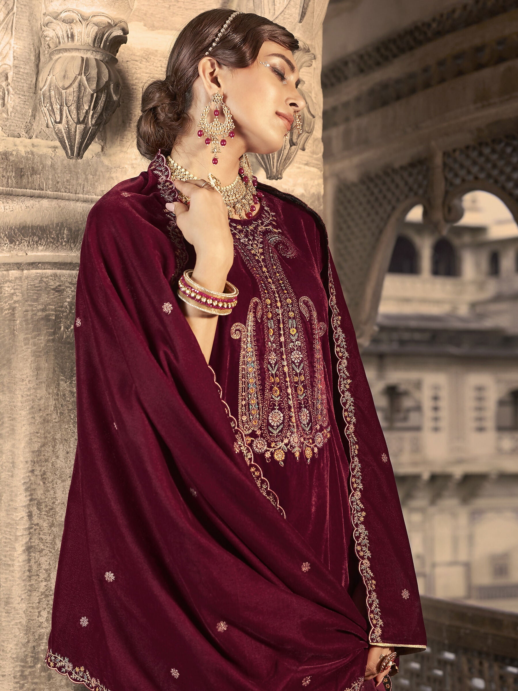 Jyoti Fashion Women's Maroon Velvet Floral Resham Thread with Jari work Kurta with Trouser & Dupatta - Distacart