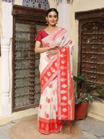 Thumbnail for Astita White & Red Linen Cotton Saree