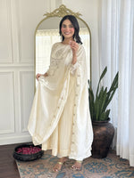 Thumbnail for The52 CreamWomen's Gorgeous Embroidered Vichitra Silk Fabric Flared Kurta Pant with Dupatta Set - Distacart