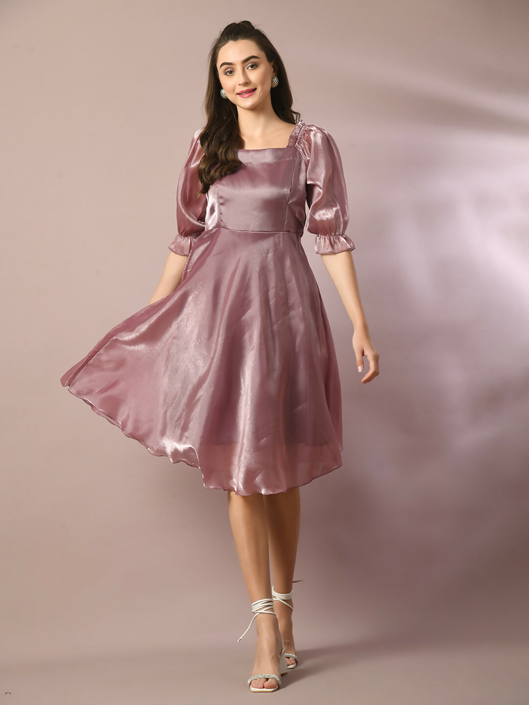 Myshka Women's Brown Solid Square Neck Fit and Flare Party Dress - Distacart