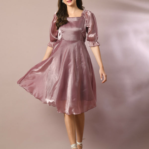 Myshka Women's Brown Solid Square Neck Fit and Flare Party Dress - Distacart