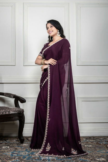 Morchari Wine Chiffon Hand Embroidery Saree And Stitched Blouse - Distacart