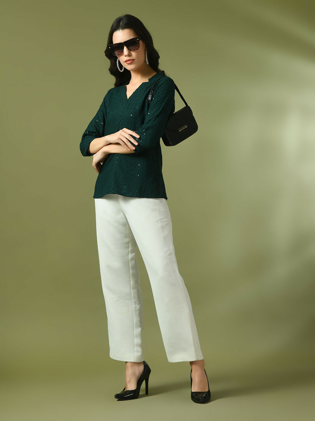 Myshka Women's Green Embellished Cotton Regular Party Tunic - Distacart