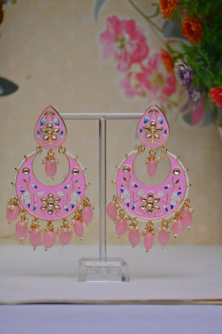 Baby Pink Gold-Polished Brass & Pearl Dangle Women Earrings| Hand Painted Meenakari Chandbali Traditional Ethnic Wear Earrings By House of Ree - Distacart
