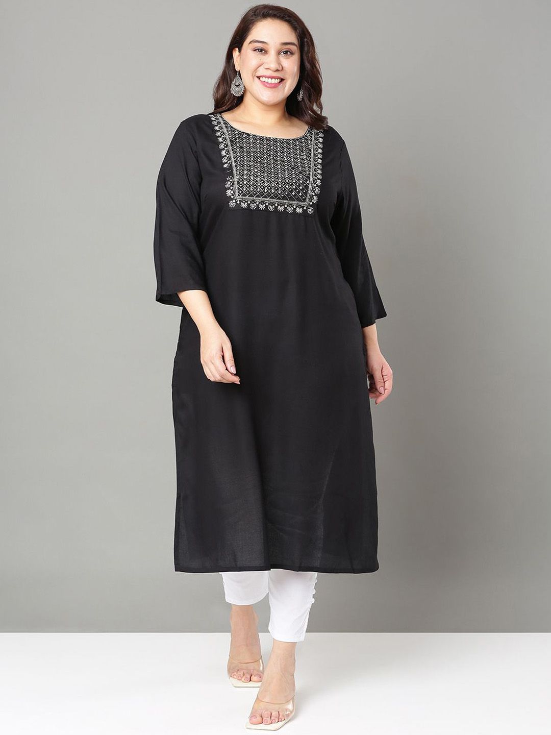 Sztori Plus Size Floral Yoke Design Mirror Work Straight Kurta - Distacart