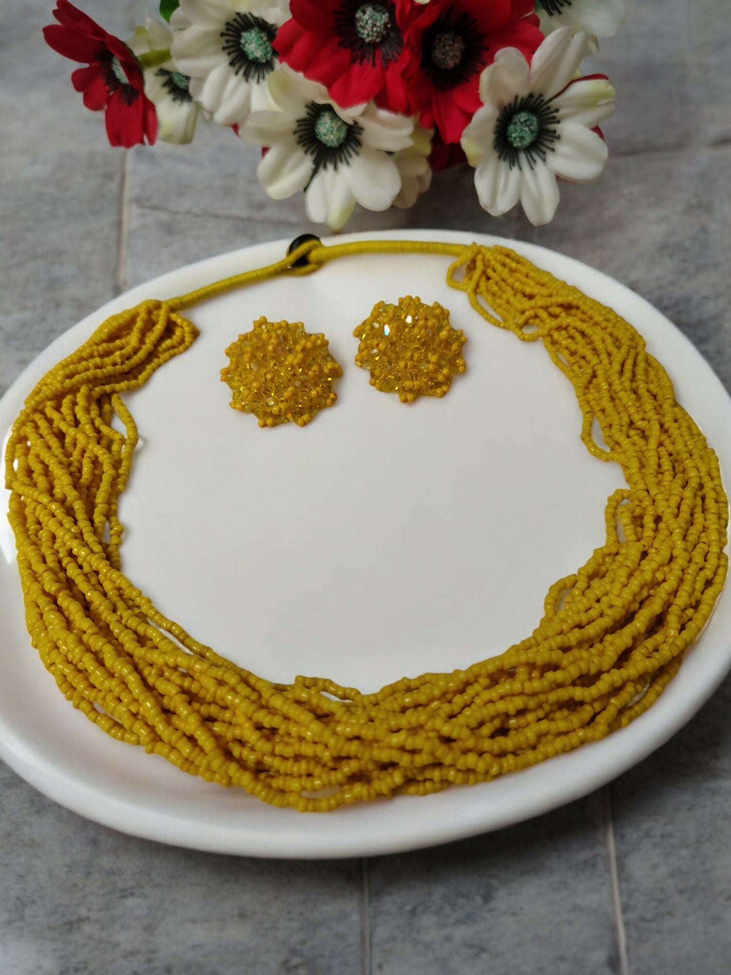 Inhanns Vibrant Handmade 20 Layers Beaded Necklace With Matching Earrings - Yellow - Distacart