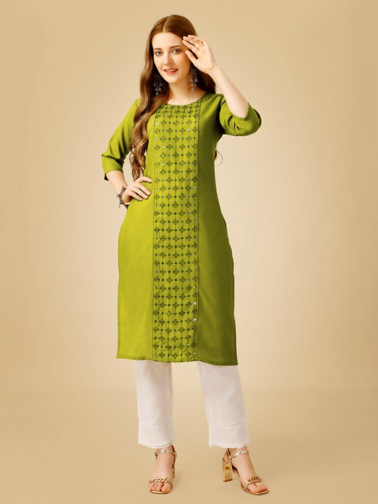 Jyoti Fashion Women's Green Cotton Blend Embroidered Kurta Pant Set - Distacart
