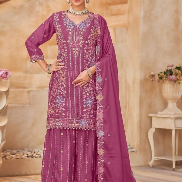 Anaita Magenta Vichitra Silk Readymade Palazzo Suit with Embroidery & Lace Work - Distacart