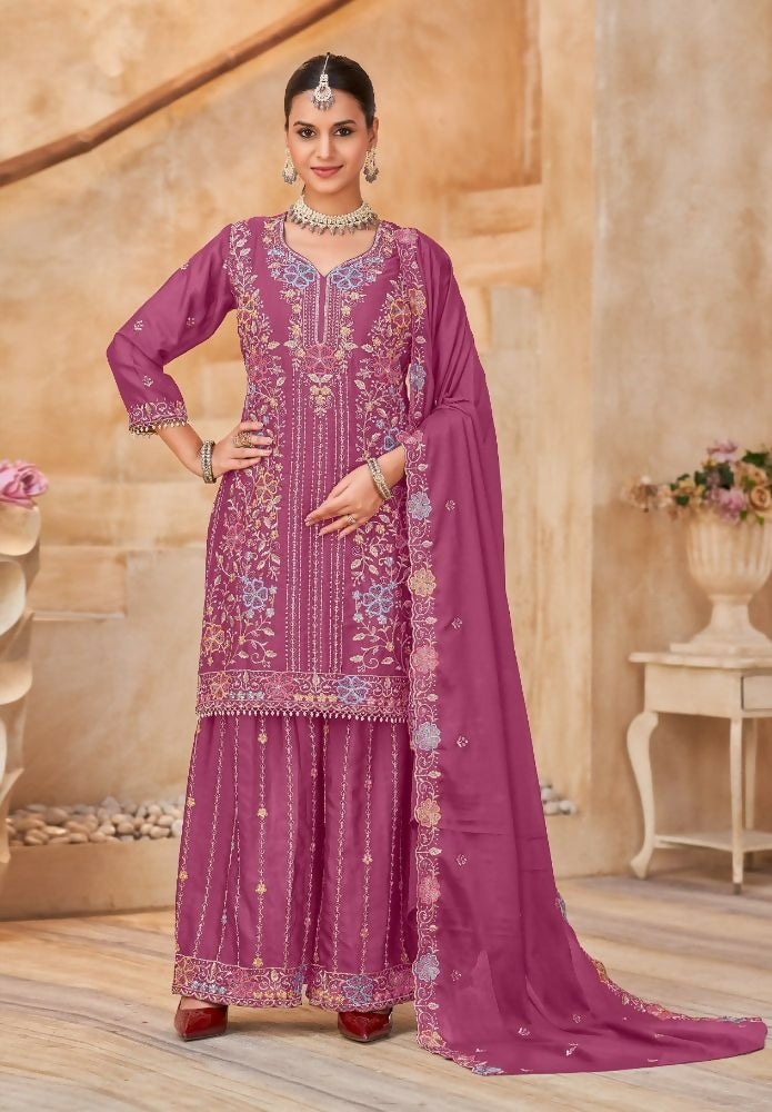Anaita Magenta Vichitra Silk Readymade Palazzo Suit with Embroidery & Lace Work - Distacart