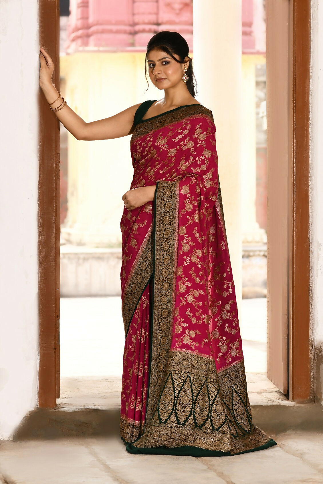 Joban Fashion Hot Pink Crepe Chiffon Pure Handloom Banarasi Silk Saree