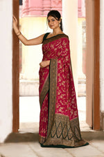 Thumbnail for Joban Fashion Hot Pink Crepe Chiffon Pure Handloom Banarasi Silk Saree