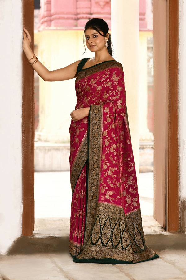 Joban Fashion Hot Pink Crepe Chiffon Pure Handloom Banarasi Silk Saree