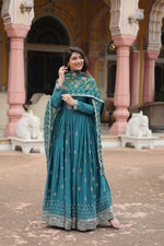 Thumbnail for Preksha Creation Indian Festival Special Women Chinon And Sequins Embroidered Work Gown With Dupatta - Sky Blue - Distacart