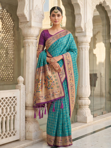 Shree Shyam Fashion Turquoise Banarasi Silk Blend Saree - Dista