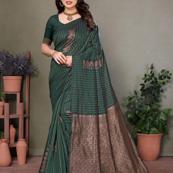Vedant Vastram Litchi Silk Banarasi Silk Saree - Bottle Green - Distacart