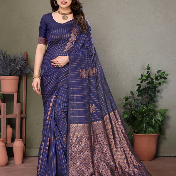 Vedant Vastram Litchi Silk Banarasi Silk Saree - Navy - Distacart