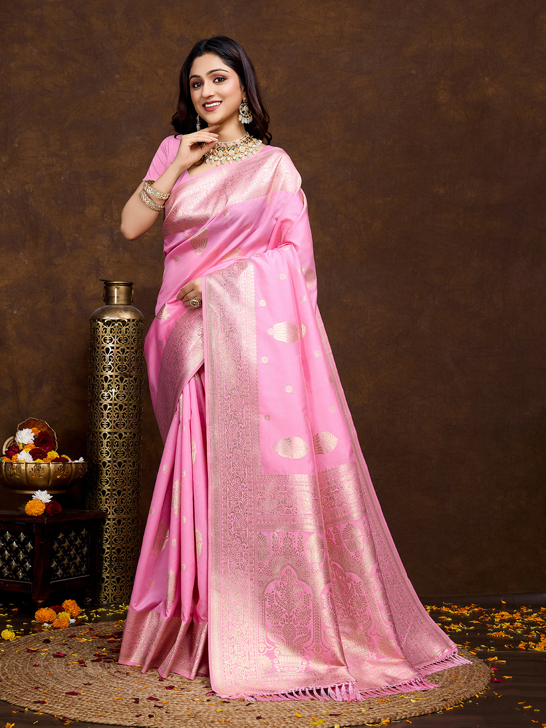 Vedant Vastram Banarasi Silk Fashion Saree - Pink - Distacart