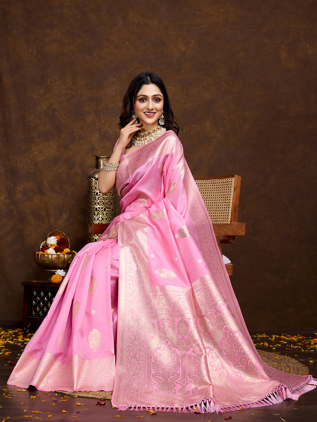 Vedant Vastram Banarasi Silk Fashion Saree - Pink - Distacart