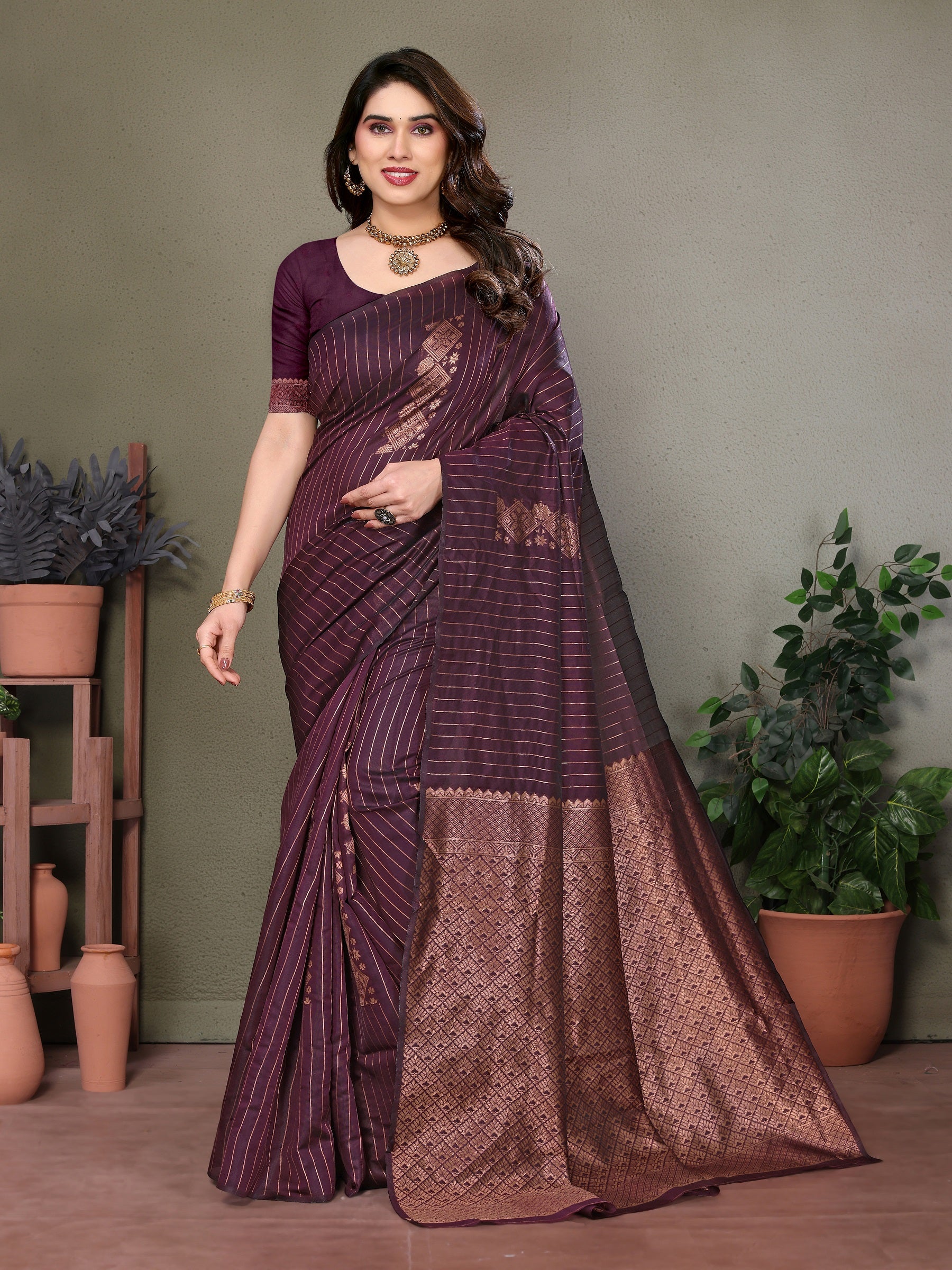 Vedant Vastram Litchi Silk Banarasi Silk Saree - Wine - Distacart