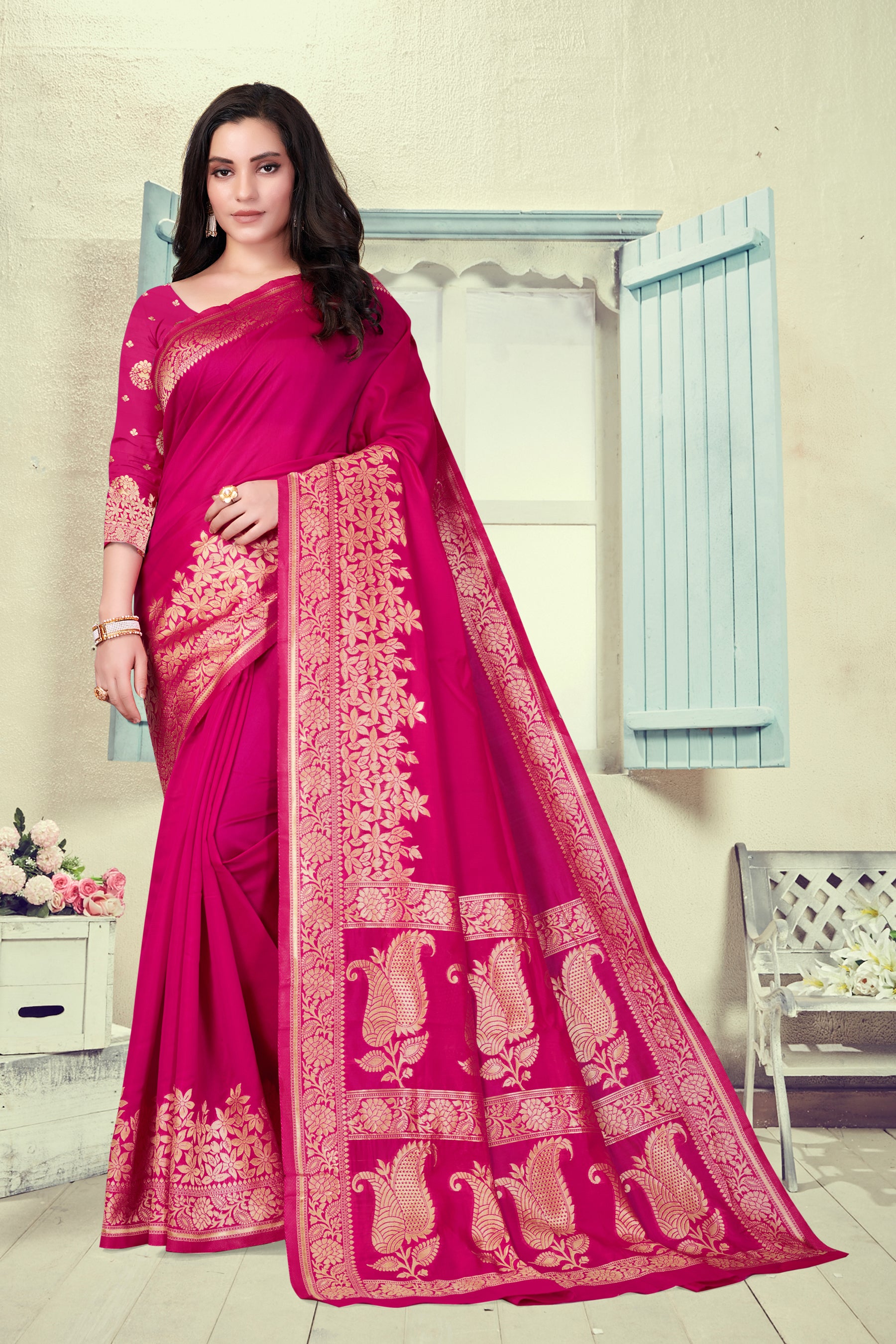 Vedant Vastram Litchi Silk Designer Banarasi Saree - Magenta - Distacart