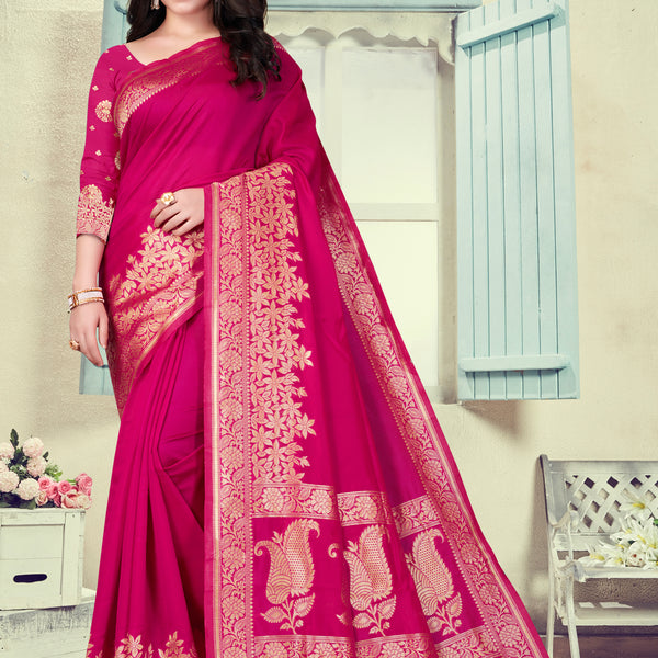 Vedant Vastram Litchi Silk Designer Banarasi Saree - Magenta - Distacart