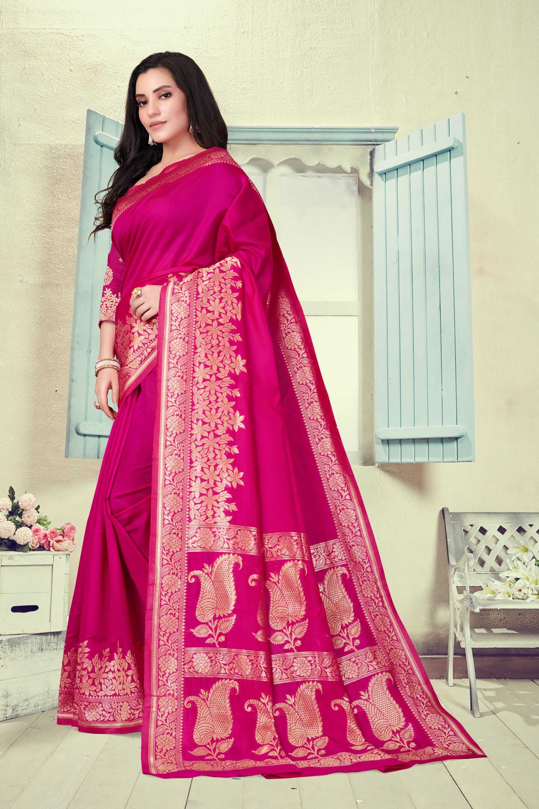 Vedant Vastram Litchi Silk Designer Banarasi Saree - Magenta - Distacart