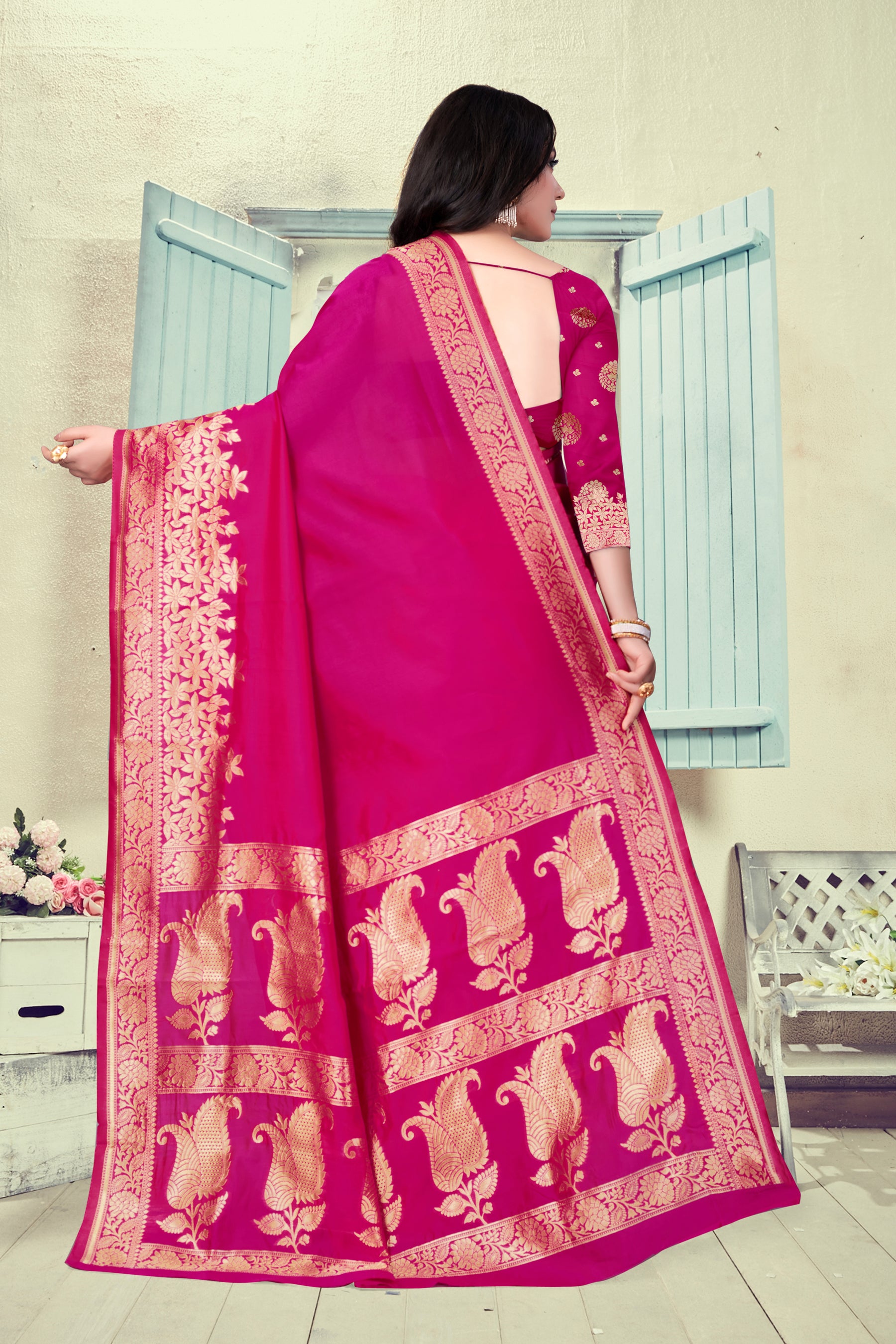 Vedant Vastram Litchi Silk Designer Banarasi Saree - Magenta - Distacart