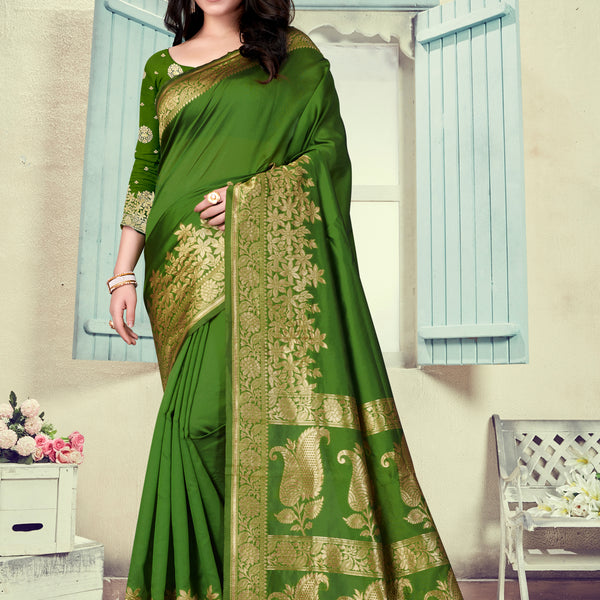 Vedant Vastram Litchi Silk Designer Banarasi Saree - Mehndi - Distacart