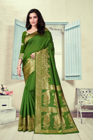 Vedant Vastram Litchi Silk Designer Banarasi Saree - Mehndi - Distacart