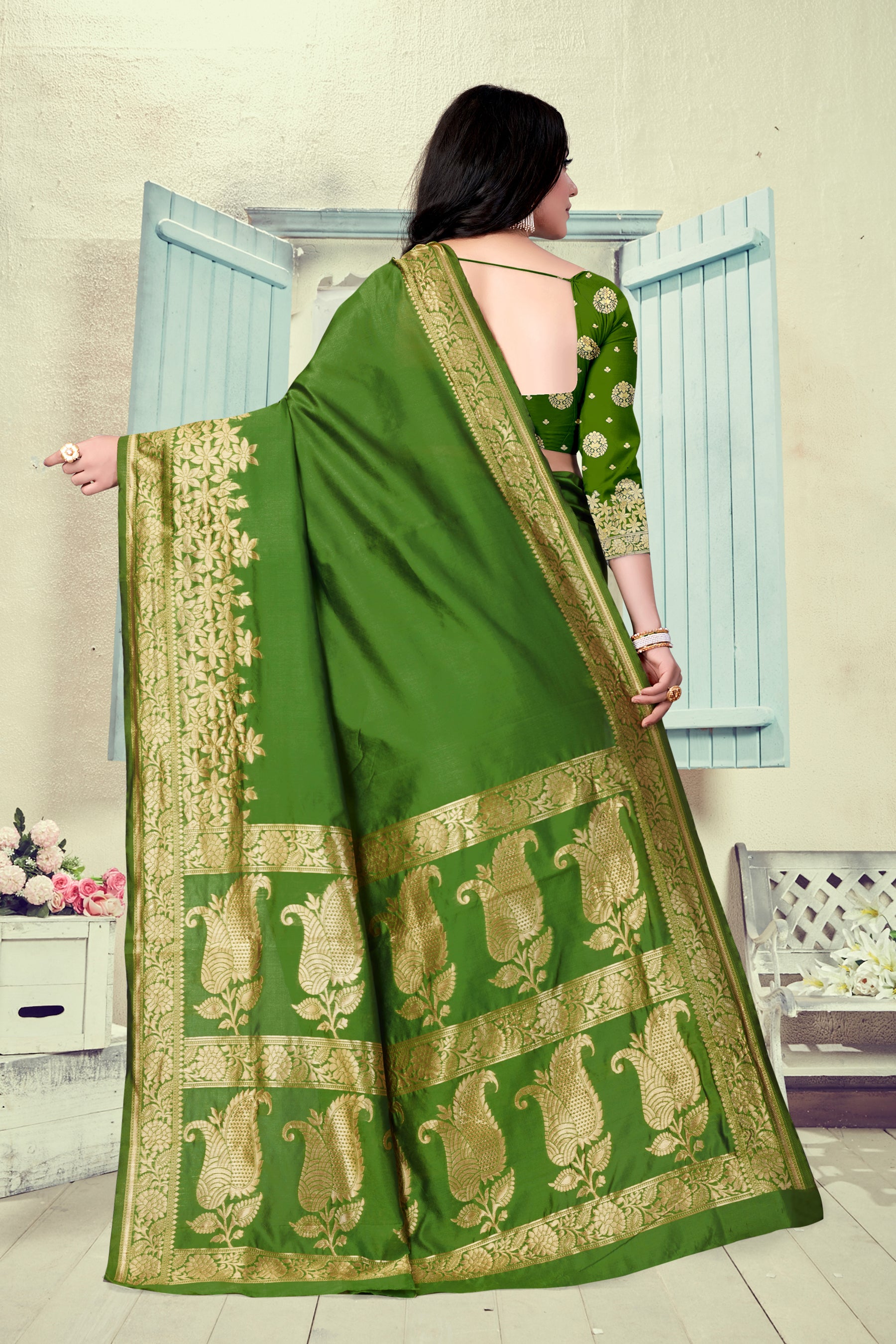 Vedant Vastram Litchi Silk Designer Banarasi Saree - Mehndi - Distacart