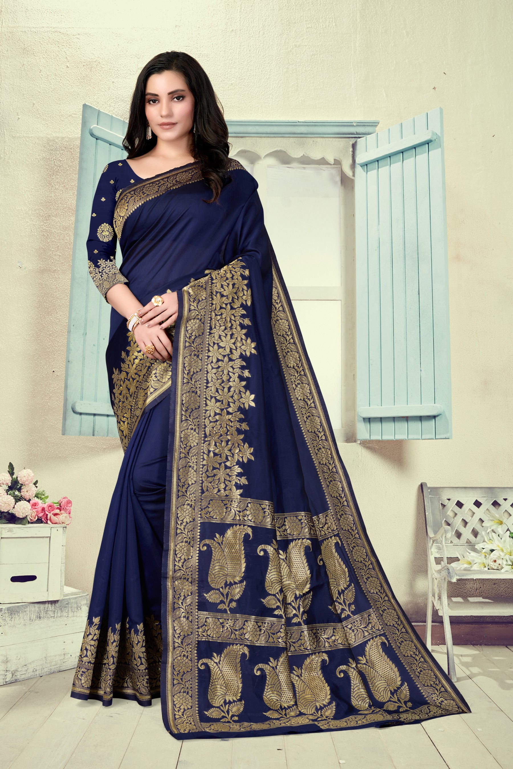Vedant Vastram Litchi Silk Designer Banarasi Saree - Navy Blue - Distacart