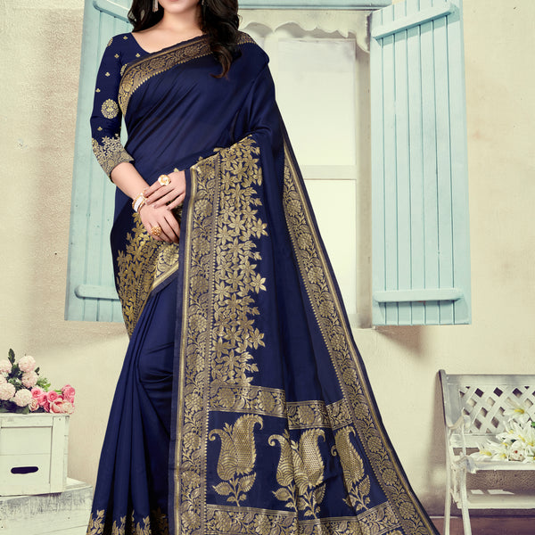 Vedant Vastram Litchi Silk Designer Banarasi Saree - Navy Blue - Distacart
