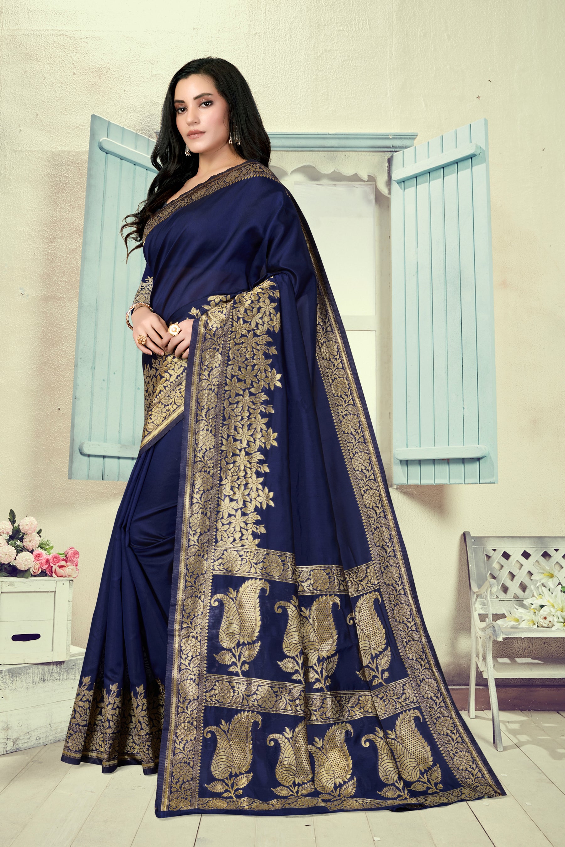 Vedant Vastram Litchi Silk Designer Banarasi Saree - Navy Blue - Distacart