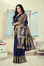 Thumbnail for Vedant Vastram Litchi Silk Designer Banarasi Saree - Navy Blue - Distacart