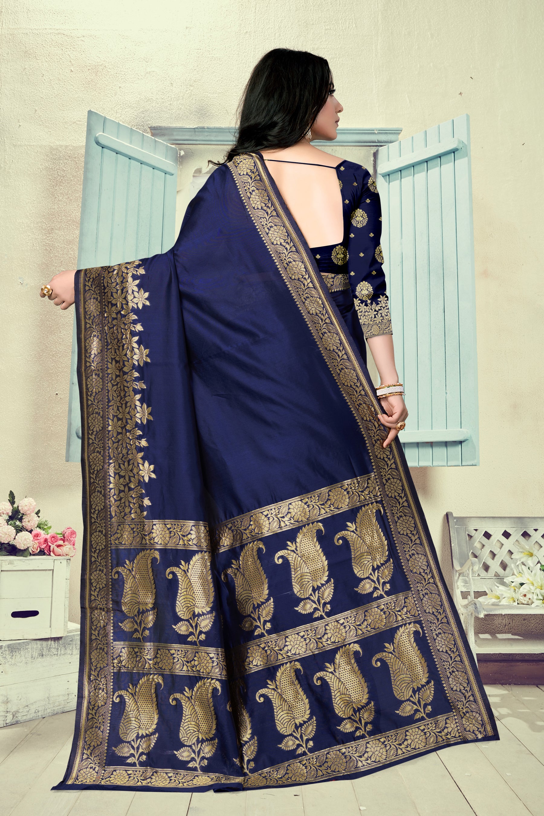 Vedant Vastram Litchi Silk Designer Banarasi Saree - Navy Blue - Distacart