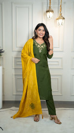 Thumbnail for Lorenvalley Fashion Mahendi Roman Silk Hand Work Kurta Pant with Dupatta