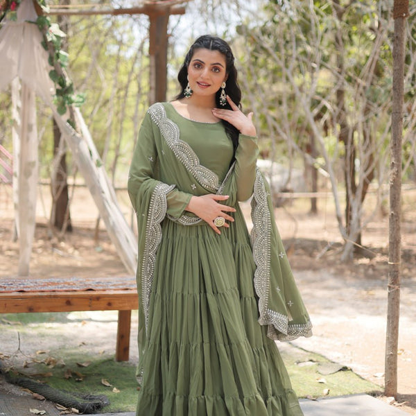 Evanik Mehendi Faux Blooming Gown With Dupatta With Rich Sequins Embroidered work