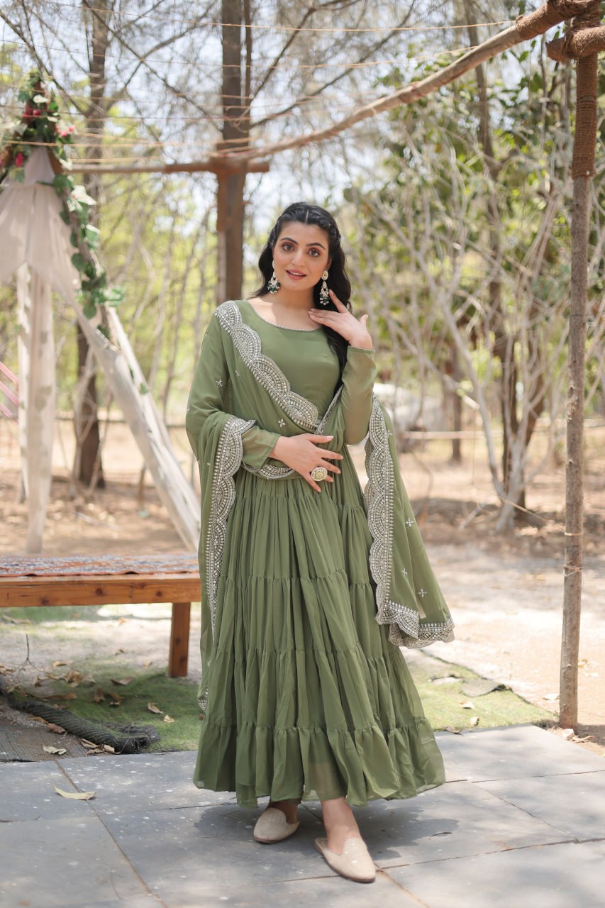 Evanik Mehendi Faux Blooming Gown With Dupatta With Rich Sequins Embroidered work - Distacart