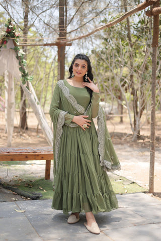 Evanik Mehendi Faux Blooming Gown With Dupatta With Rich Sequins Embroidered work