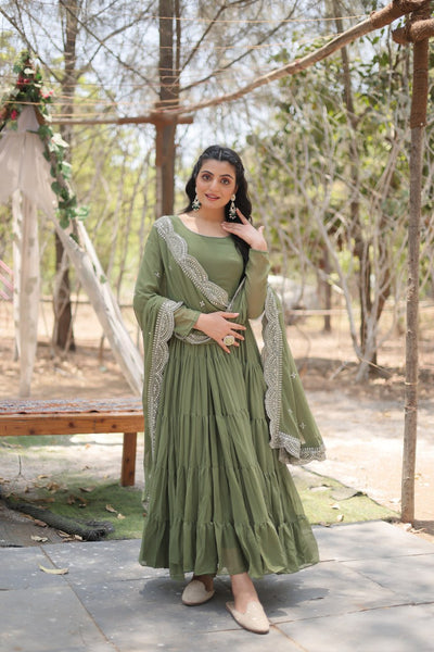 Evanik Mehendi Faux Blooming Gown With Dupatta With Rich Sequins Embroidered work
