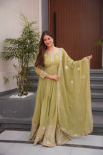 Thumbnail for Lorenvalley Fashion Mehendi Crunchy Silk with Embroidery Codding & Sequins Work Anarkali Gown with Dupatta - Distacart
