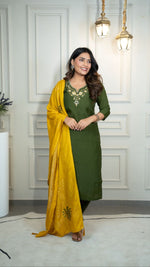 Thumbnail for Lorenvalley Fashion Mahendi Roman Silk Hand Work Kurta Pant with Dupatta