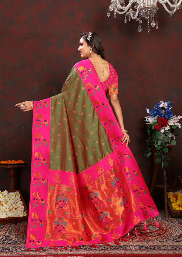 Lorenvalley Fashion Mahendi Soft Paithani Silk Woven Design Rich Zari Meenakari Weaving Saree - Distacart