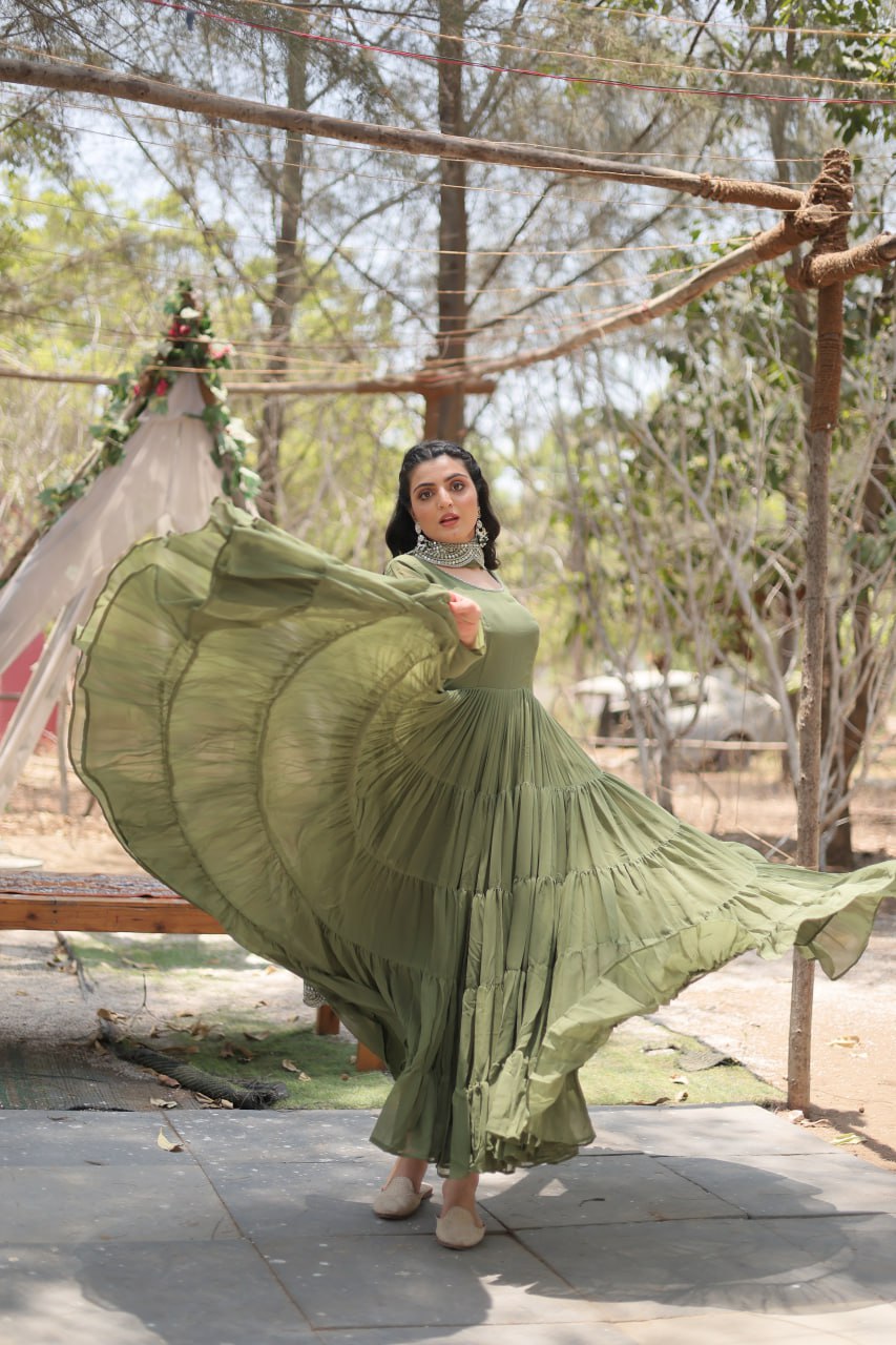 Evanik Mehendi Faux Blooming Gown With Dupatta With Rich Sequins Embroidered work