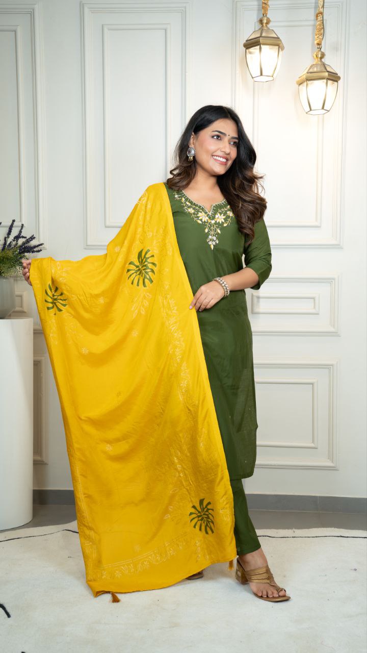 Lorenvalley Fashion Mahendi Roman Silk Hand Work Kurta Pant with Dupatta