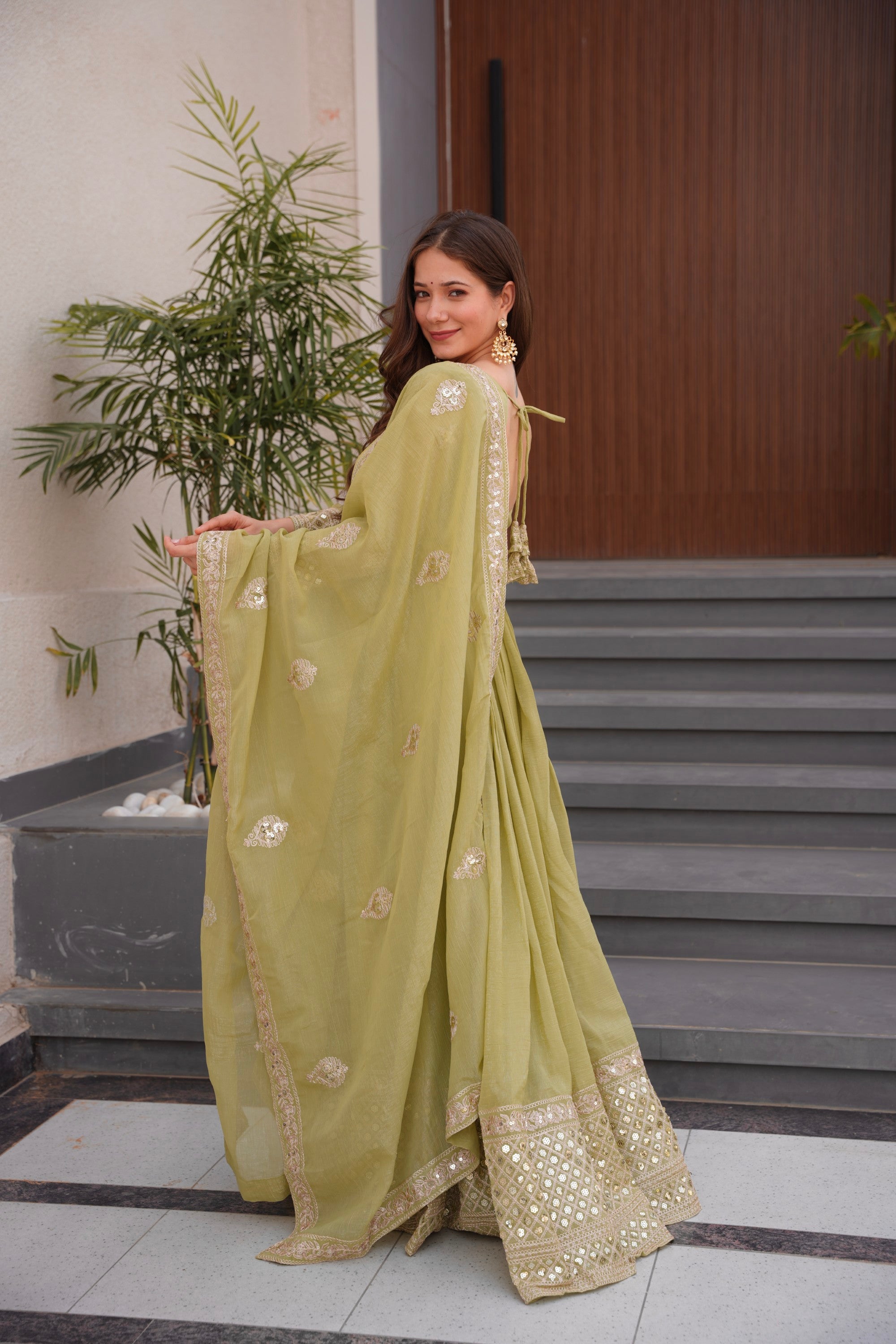 Lorenvalley Fashion Mehendi Crunchy Silk with Embroidery Codding & Sequins Work Anarkali Gown with Dupatta - Distacart