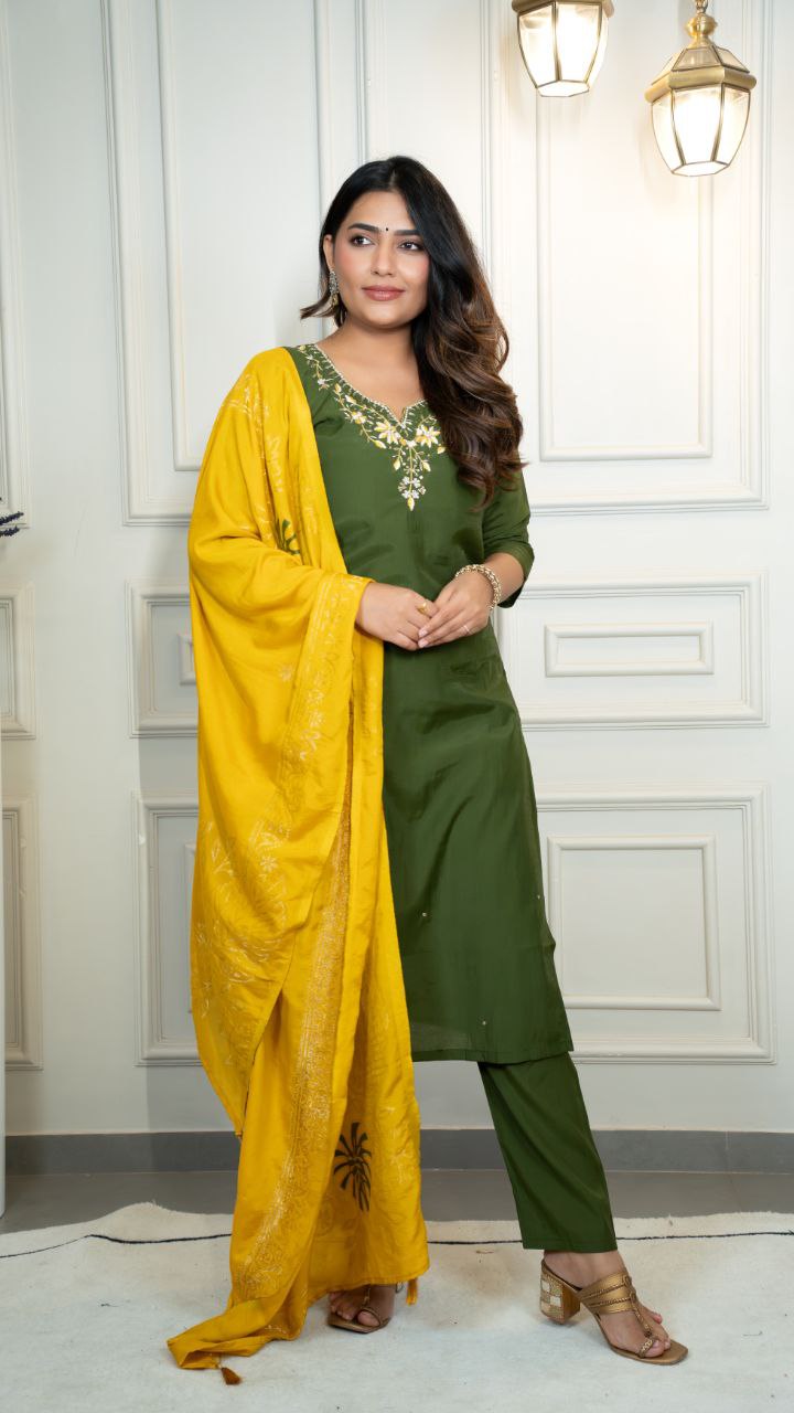 Lorenvalley Fashion Mahendi Roman Silk Hand Work Kurta Pant with Dupatta